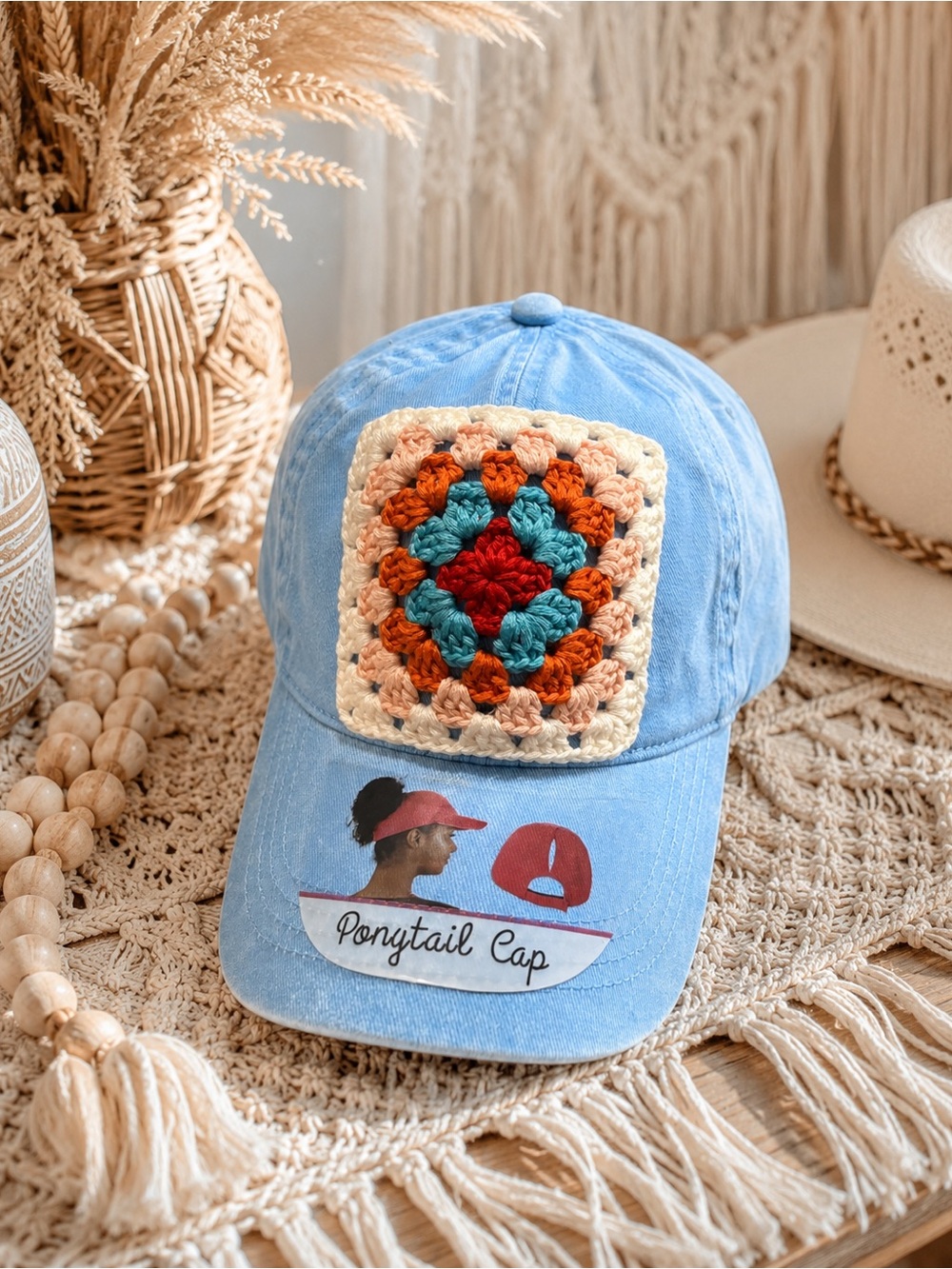 Crochet Granny Square Trucker Hat 🧢 Blue Ponytail Baseball Cap Adjustable Boho - Picture 5 of 11